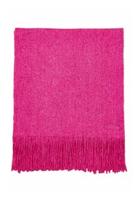 Roosa kootud sall, mille allservas on narmad. Omaduseks on tekstureeritud, pehme kangas ja väike bränditud silt ühelt küljelt.