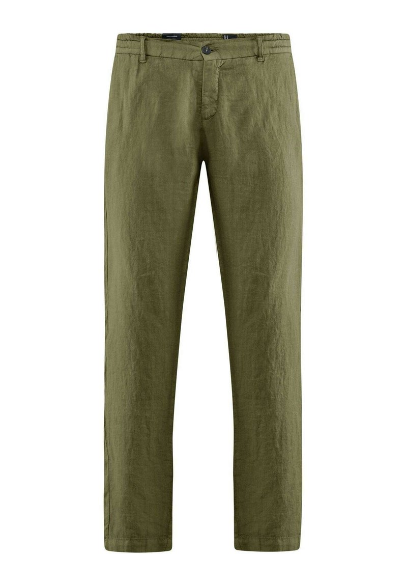 Pantaloni di lino verde oliva con taglio dritto, chiusura con bottone e tasche frontali; tessuto leggero con una trama a vista.
