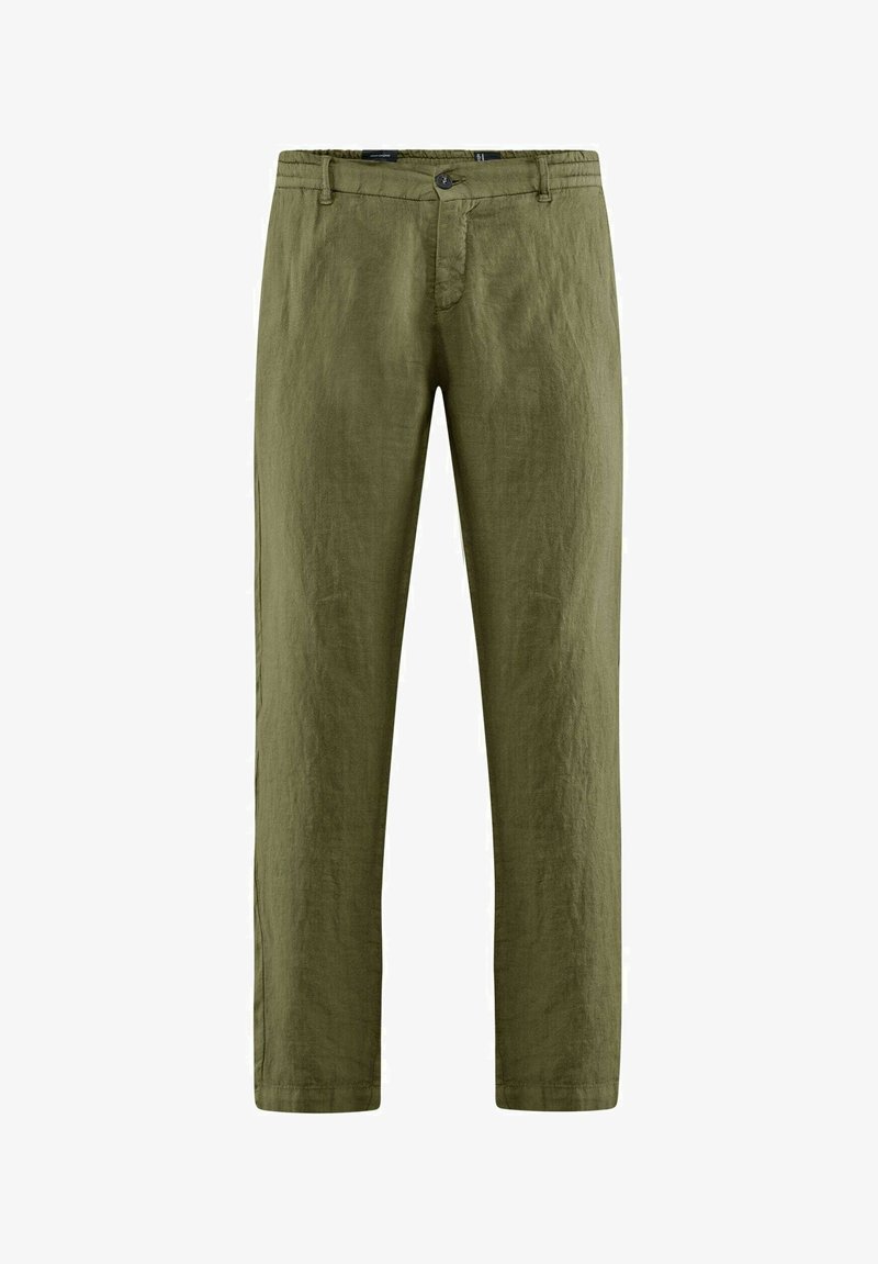 Pantaloni di lino verde oliva con taglio dritto, chiusura con bottone e tasche frontali; tessuto leggero con una trama a vista.