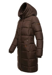 Padded brown winter coat with a high collar and adjustable hood. Features two side pockets and ribbed cuffs. Notable stitching details.