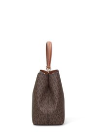 Borsa a tracolla marrone con motivo, realizzata in materiale testurizzato, con manico liscio color cuoio e design minimalista con apertura superiore.