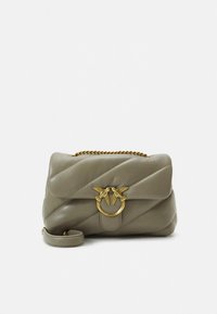 Quilted green leather handbag with a gold metal ring closure featuring bird accents, a detachable shoulder chain, and a smooth texture.