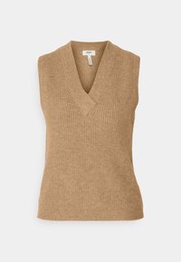 Beige mouwloze trui met V-hals ontwerp, voorzien van een geribbelde textuur en een aansluitende pasvorm. Gemaakt van een zachte, gebreide stof.