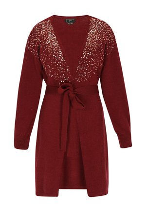 Burgundská pletená cardigan s hlubokým výstřihem do V, zdobený flitry na ramenou a ladícím vázacím páskem. Má dlouhé rukávy.