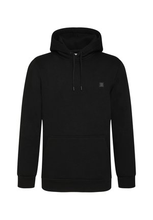 Black hoodie made of soft cotton blend, featuring a front kangaroo pocket, adjustable drawstring hood, and ribbed cuffs at the sleeves and hem.