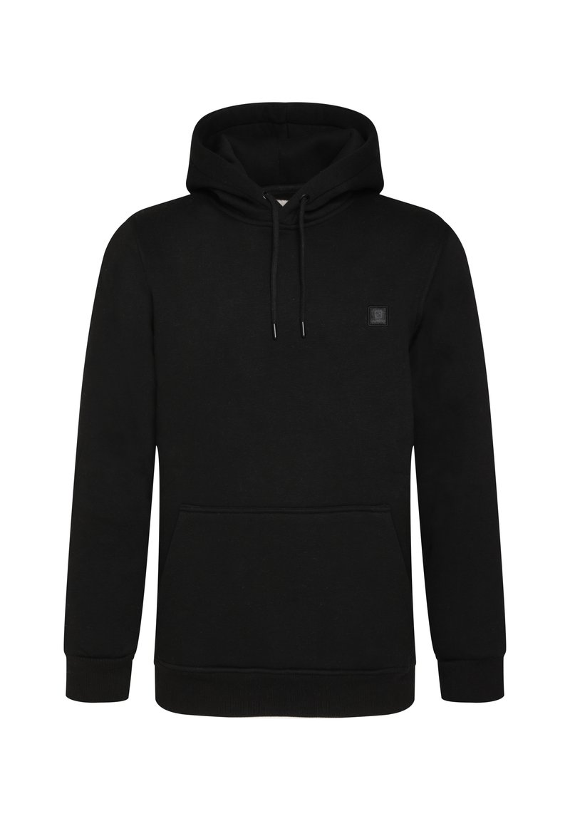 Zwarte hoodie van een zachte katoenmix, met een voorzak in kangoeroe-stijl, verstelbare koord in de capuchon en ribgebreide manchetten bij de mouwen en zoom.