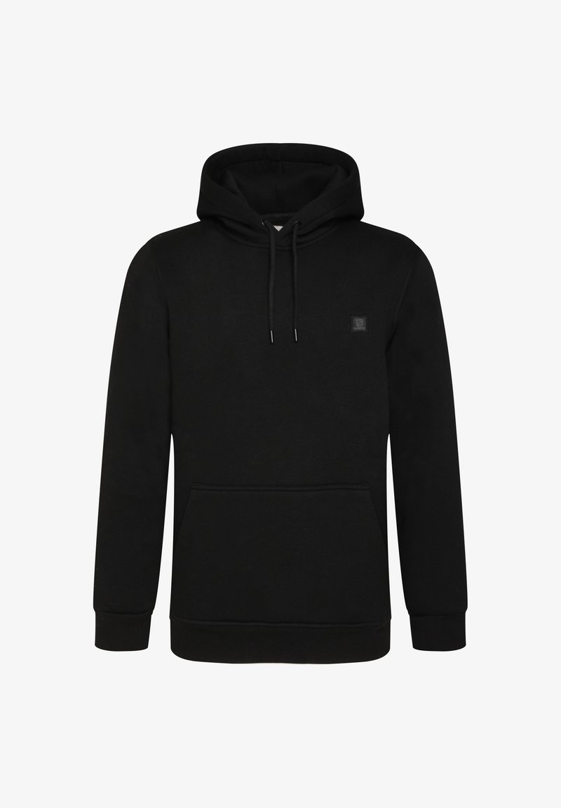Zwarte hoodie van een zachte katoenmix, met een voorzak in kangoeroe-stijl, verstelbare koord in de capuchon en ribgebreide manchetten bij de mouwen en zoom.