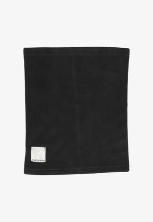 Tour de cou en polaire noir rectangulaire avec une petite étiquette blanche du logo North Bend en bas à gauche.