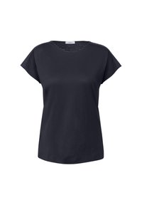 T-shirt noir à manches courtes en coton, avec un décolleté rond et une coupe décontractée. Texture lisse sans motifs ni éléments métalliques visibles.