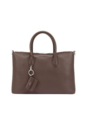 Brown leather handbag with a textured finish, dual top handles, a zip closure, and a detachable keychain tag. Features silver accents.