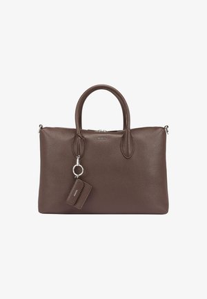 Brown leather handbag with a textured finish, dual top handles, a zip closure, and a detachable keychain tag. Features silver accents.