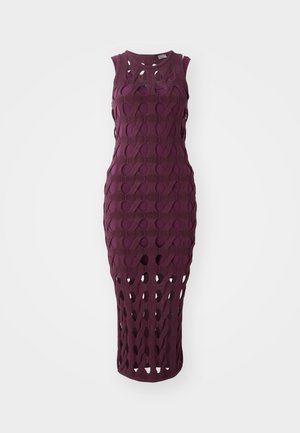 Knit dress with a deep purple color, featuring an intricate open pattern, sleeveless design, and a fitted silhouette to knee length.