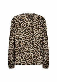 T-shirt à manches longues en imprimé léopard marron et noir, avec un col rond et des poignets élastiques, offrant une coupe décontractée et une texture lisse.