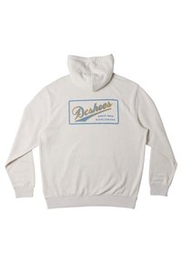 Light gray hoodie featuring a blue and gold logo on the back. Made from soft fabric, with a drawstring hood and ribbed cuffs.