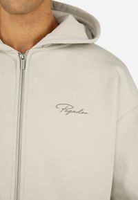 Beige zip-up hette med en jevn tekstur, som har en grå brodert logo på venstre bryst og en foret hette. Sølvfarget glidelåsdetalj.