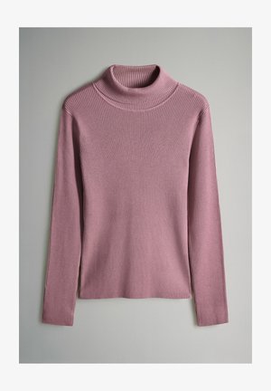 Rippstrick-Turtleneck-Pullover in sanften Rosa, mit langen Ärmeln und einer taillierten Passform. Glatte Textur mit einer lockeren Silhouette.