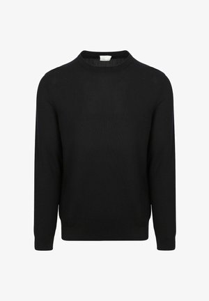 Black long-sleeve crewneck sweater with ribbed cuffs and hem, made of fine knit fabric, displayed on a white background.