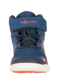 Blue children's hiking boot with a velcro strap and elastic laces. Features a textured fabric upper, white sole with orange accents, and logo.