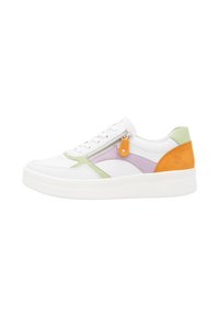 Sneaker bianca con accenti multicolori: verde, viola e arancione. Presenta una tomaia testurizzata e una cerniera laterale. Suola bianca spessa.