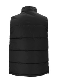Schwarze Steppweste mit hohem Kragen, mit horizontalen Steppnähten und einer glatten, matten Textur. Keine sichtbaren Beschläge oder Akzente.