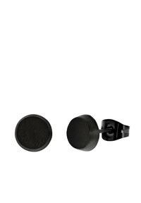 Black stud earrings with a round, flat design. Made of textured metal, featuring a smooth finish and a secure clip-on backing.