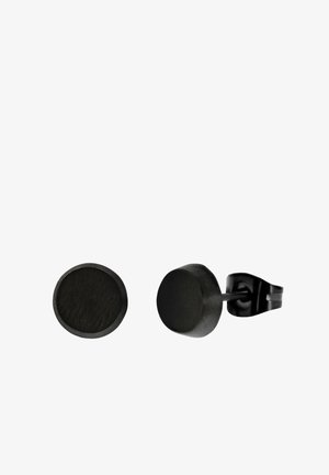 Black stud earrings with a round, flat design. Made of textured metal, featuring a smooth finish and a secure clip-on backing.
