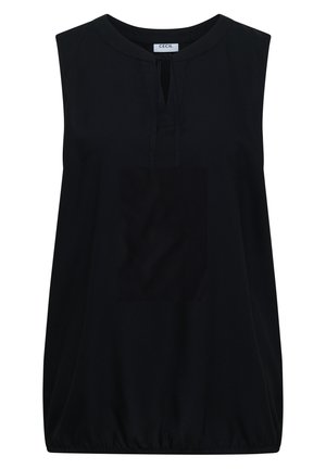 Blusa nera senza maniche con scollo rotondo, apertura frontale a goccia e orlo elastico, etichettata "CECIL" all'interno del colletto.
