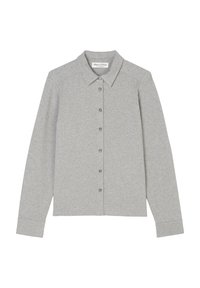 Cardigan grigio a maniche lunghe realizzato in tessuto morbido, con un colletto, chiusura frontale con bottoni e polsini a coste.