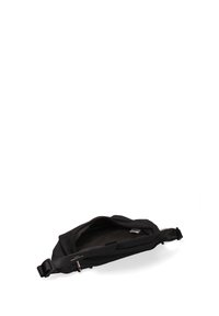 Borsa a tracolla nera in tessuto con apertura con cerniera, design piatto, tracolla regolabile e interno liscio per l'organizzazione.