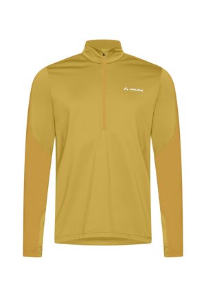 Herren Langarm Pullover in Senfgelb mit Viertel-Reißverschluss und hohem Kragen, mit Vaude-Logo auf der Brust.