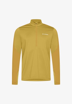 Herren Langarm Pullover in Senfgelb mit Viertel-Reißverschluss und hohem Kragen, mit Vaude-Logo auf der Brust.