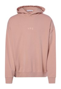 Růžová mikina s kapucí a dlouhými rukávy, na hrudi uprostřed malé písmo "YPS".