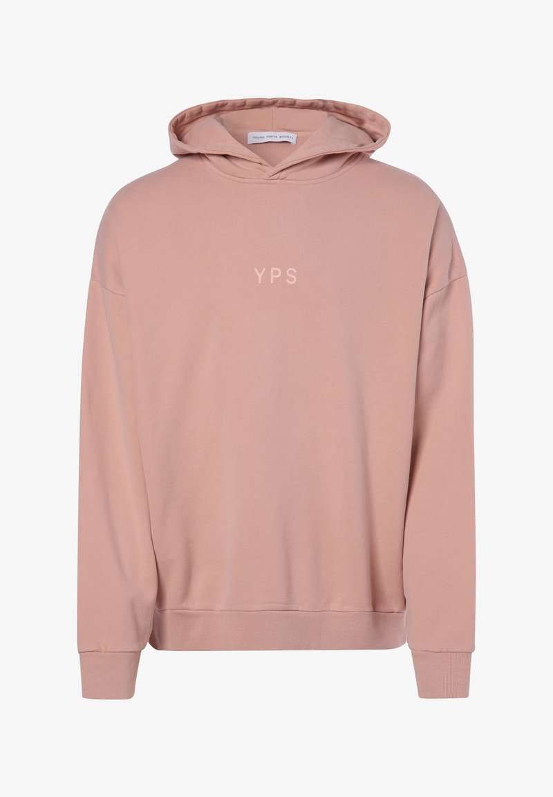 Růžová mikina s kapucí a dlouhými rukávy, na hrudi uprostřed malé písmo "YPS".
