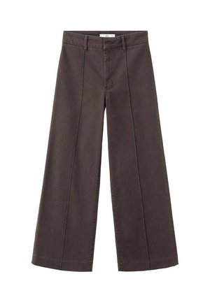 Pantaloni a gamba larga in tessuto di cotone marrone scuro, con vita alta, pieghe frontali e finitura pulita agli orli.