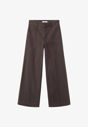 Pantaloni a gamba larga in tessuto di cotone marrone scuro, con vita alta, pieghe frontali e finitura pulita agli orli.
