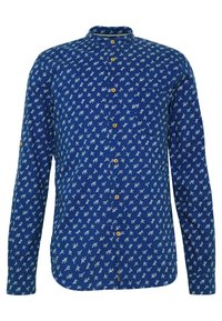 Blå långärmad skjorta med mandarin-krage, prydd med ett vitt blommönster och bruna knappar längs framsidan. Mjuk tygkänsla.