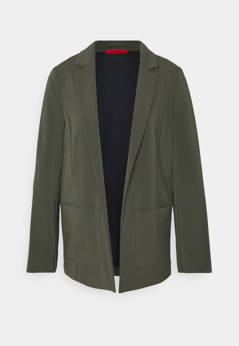 Blazer femme vert foncé à manches longues, devant ouvert, deux poches plaquées à l'avant et un col cranté sur fond uni.