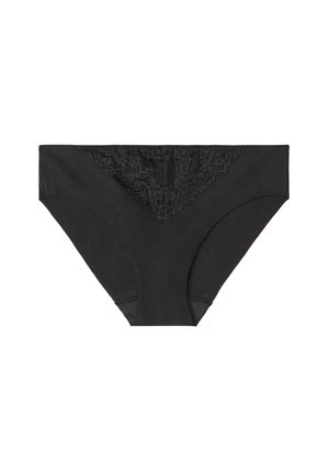 Svart trosa med spetsdetaljer framtill, tillverkad i mjukt bomullsmaterial. Designen har en slät yta och inga synliga sömmar.