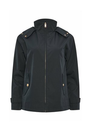 Black zip-up jacket with high collar, shoulder epaulets with gold buttons, front pockets with gold button closures, and adjustable wrist straps.
