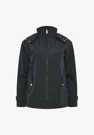Black zip-up jacket with high collar, shoulder epaulets with gold buttons, front pockets with gold button closures, and adjustable wrist straps.