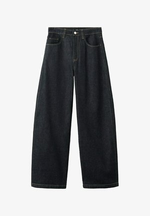 Temno modre široke kavbojke iz jeansa z žepi spredaj, zankami za pas in gumbnim zapiranjem v predelu pasu.