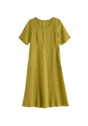 Knie-lange jurk met korte mouwen in olijfgroen, met een ronde halslijn, naden als detail en een lichte uitlopende zoom.
