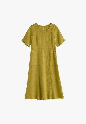 Knie-lange jurk met korte mouwen in olijfgroen, met een ronde halslijn, naden als detail en een lichte uitlopende zoom.