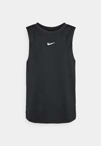 Top de entrenamiento negro hecho de un tejido ligero, con escote redondo y un pequeño logo de Nike en blanco en el pecho.