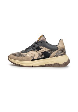 Beige and black patterned sneaker with beige suede details, black laces, and a thick beige sole with brown tread.