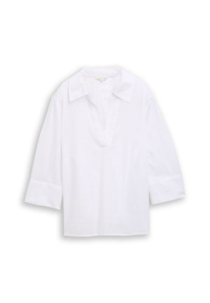 Weiße langärmlige Bluse mit weitem Kragen, tiefem V-Ausschnitt und Ärmel mit Bündchen, präsentiert vor weißem Hintergrund.