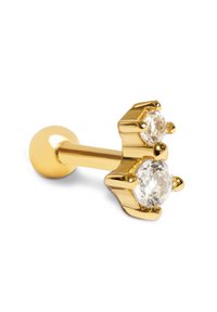 Boucle d'oreille en or ornée de deux pierres précieuses claires. Présente un design en forme de couronne avec des sertissages à griffes, une finition brillante et un fermoir à tige rond.