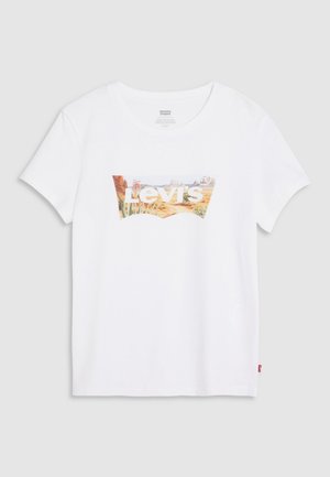 White short-sleeve T-shirt featuring a colorful landscape graphic with "Levi's" text in the center. Made of cotton, has a crew neck.