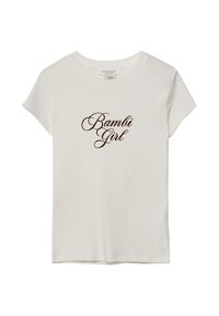 Weißes Baumwoll-T-Shirt mit kurzen Ärmeln und rundem Ausschnitt, mit "Bambii Girl" in brauner, geschwungener Schrift auf der Brust bedruckt.
