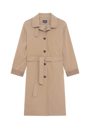 Beżowy trencz z kołnierzem, czarnymi guzikami, dwiema kieszeniami, paskiem do samodzielnego zawiązywania oraz akcentami w panterkę na mankietach.